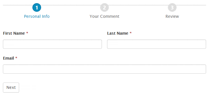 This image appears to show a multi-step form process, with "Personal Info" as the first step highlighted, followed by "Your Comment" and "Review" as upcoming steps. The form includes fields for "First Name," "Last Name," and "Email," all marked as required with a "Next" button to proceed.