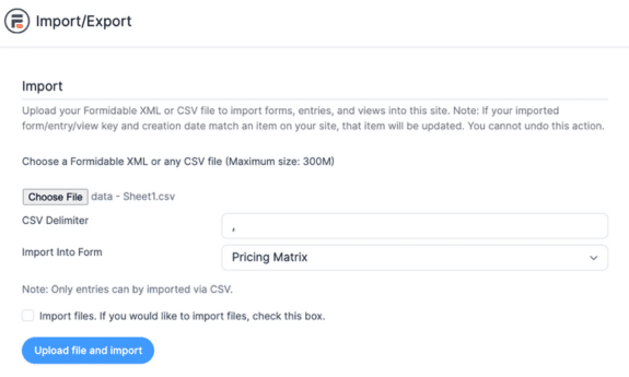 Formidable Forms import screen with a field for the CSV delimiter and which form to import the data into