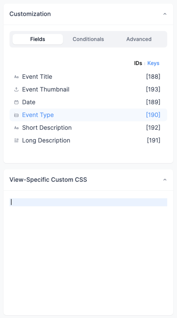 Formidable Views "Edit Listing Page Content" with the View-Specific Custom CSS editor open.